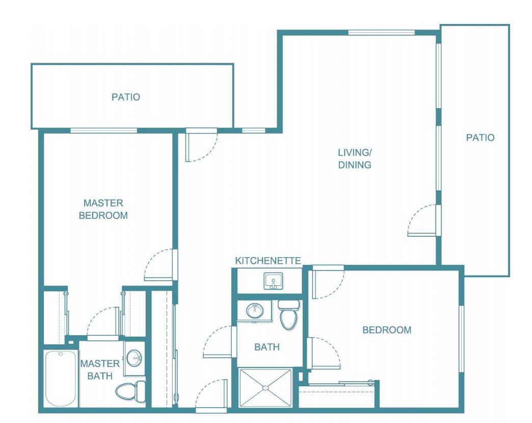 Blueprint of a residential apartment layout with multiple rooms.