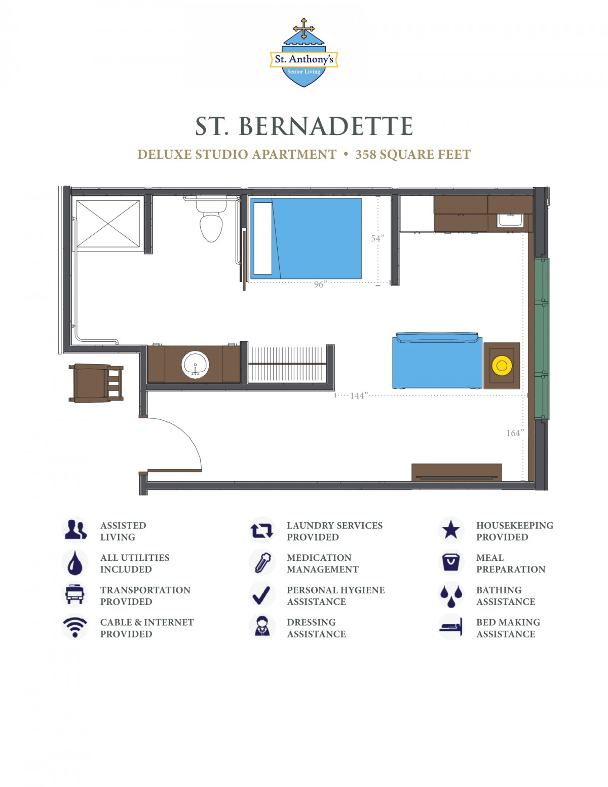 A floor plan of a living space, including a bedroom and bathroom.