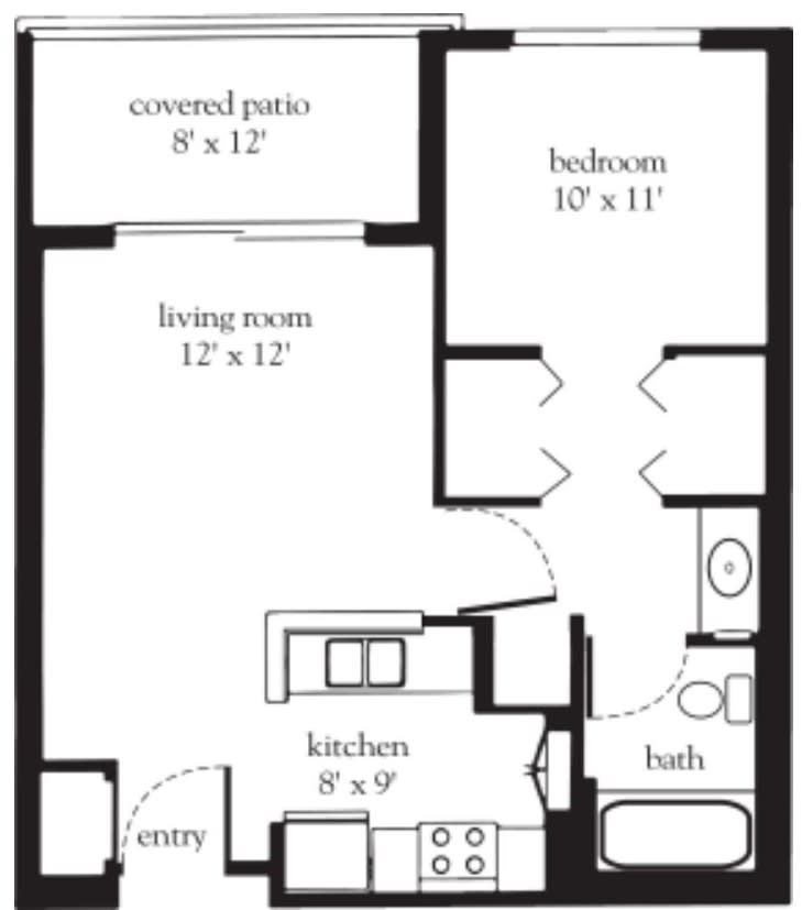 A one-bedroom apartment floor plan with a living room, kitchen, bathroom, bedroom, and covered patio.