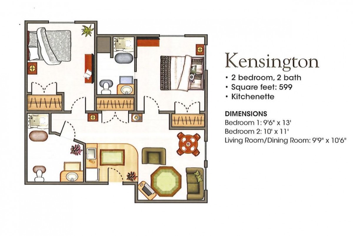 Kensington apartment floor plan featuring 2 bedrooms, 2 bathrooms, and a kitchenette within 990 square feet.