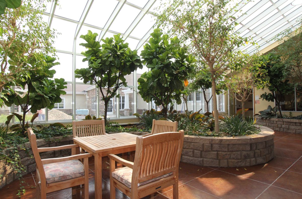 A peaceful conservatory featuring wooden furniture, lush green plants, and a bright glass roof.
