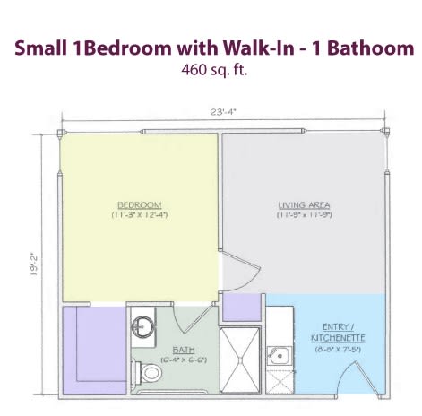 A compact floor plan for a small 1-bedroom, 1-bathroom apartment with a walk-in closet, totaling 400 square feet.