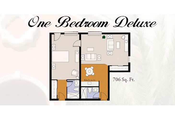 This image shows a floor plan of a One Bedroom Deluxe apartment with a total area of 706 square feet.