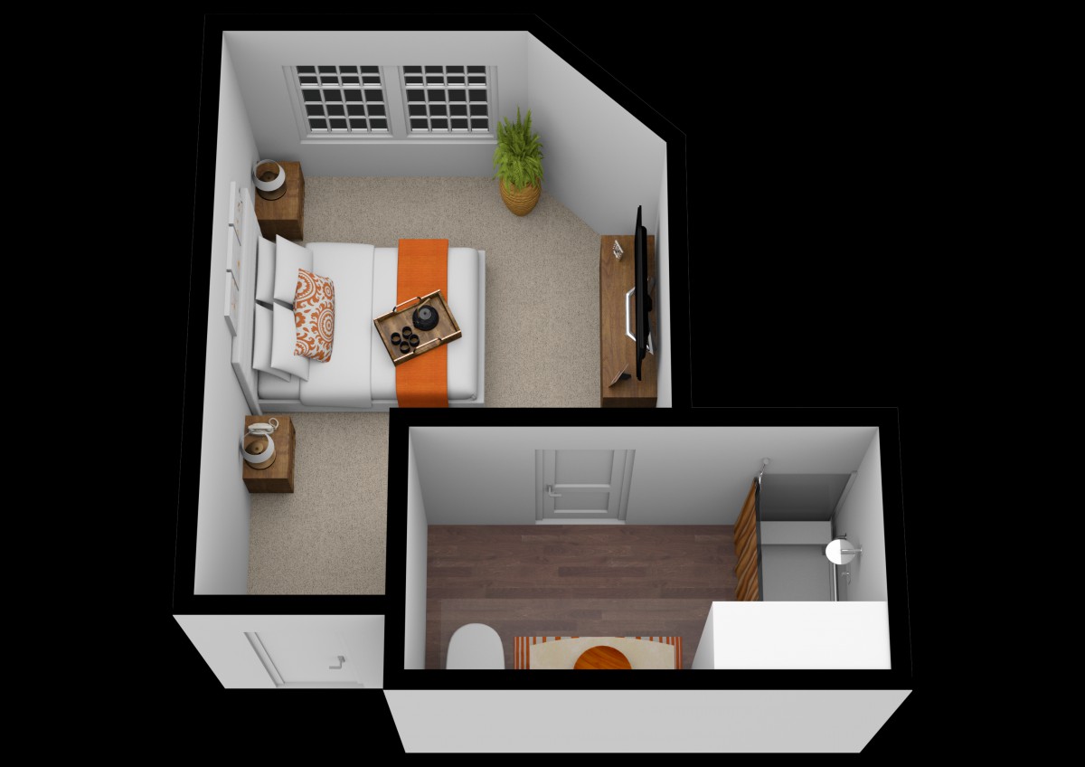 A 3D-rendered floor plan of a small apartment featuring a bedroom and bathroom.