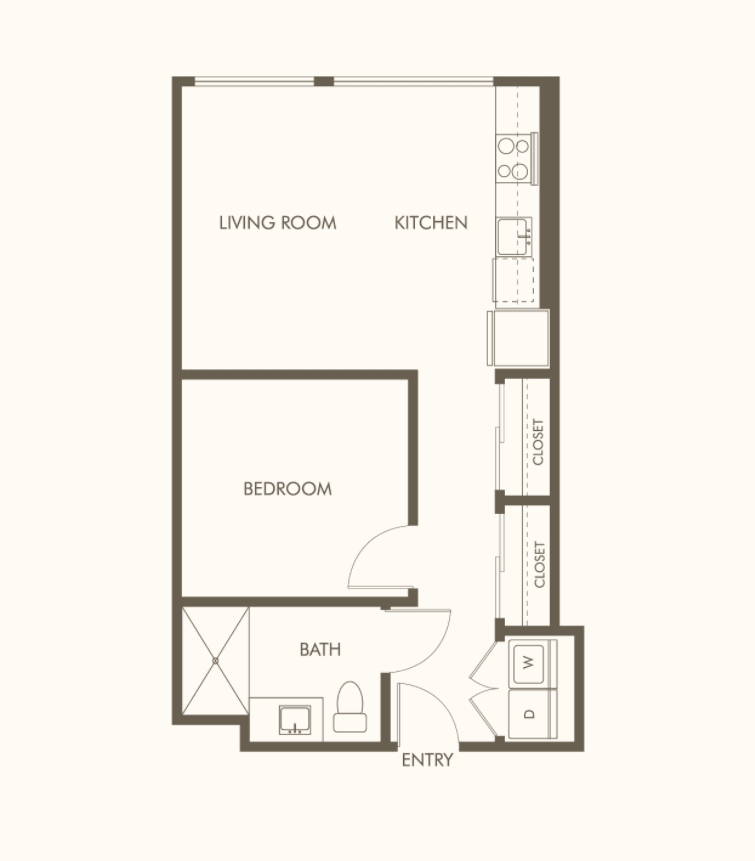 A simple floor plan of an apartment showing a bedroom, kitchen, living room, and bathroom.