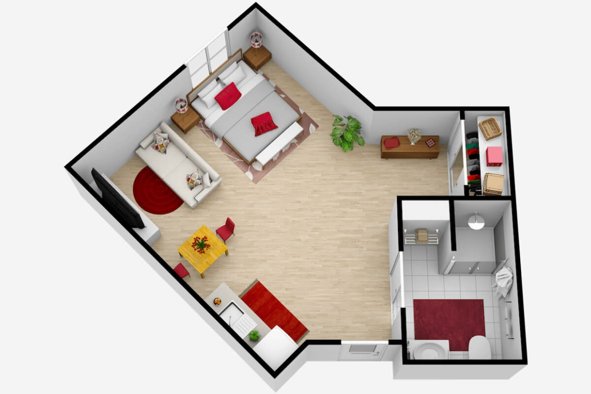 A 3D floor plan of a one-bedroom apartment featuring a bedroom, living area, kitchen, and bathroom with modern interior design elements.