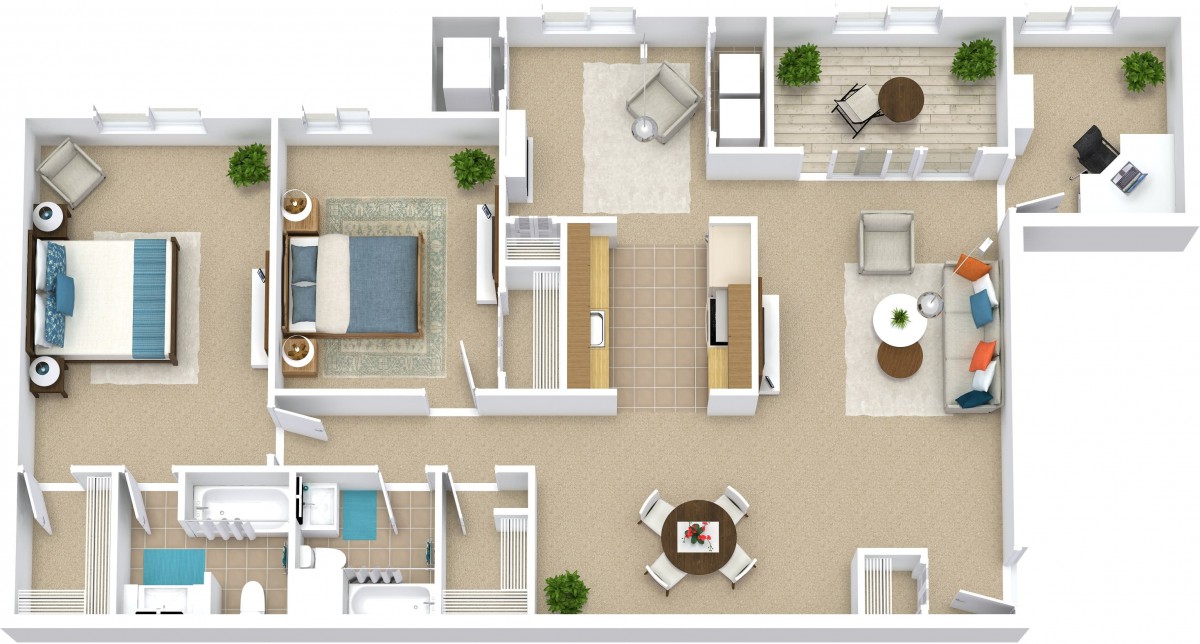 A floor plan showcasing a modern apartment layout with designated areas for living, dining, kitchen, bedroom, and bathroom.
