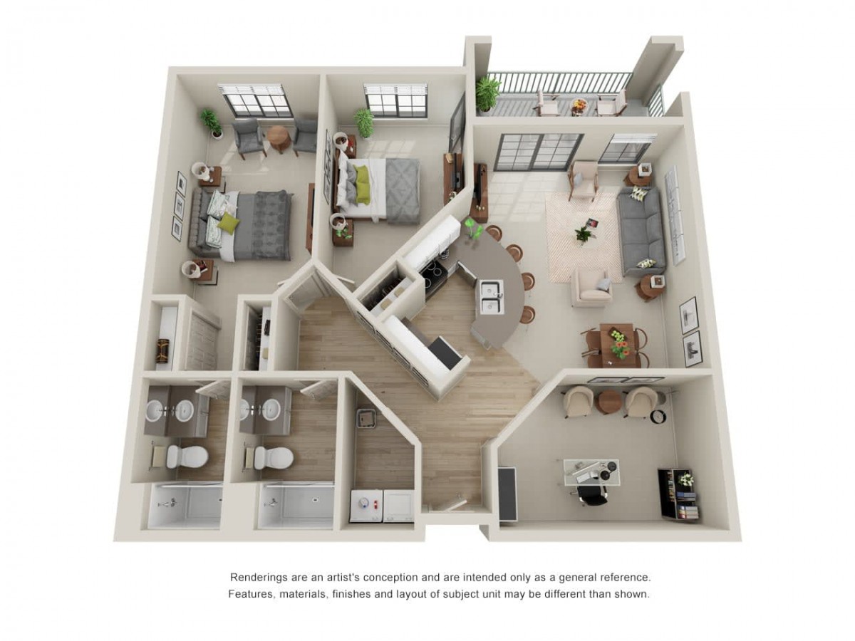 A 3D floor plan of a modern two-bedroom apartment featuring an open kitchen and living area.
