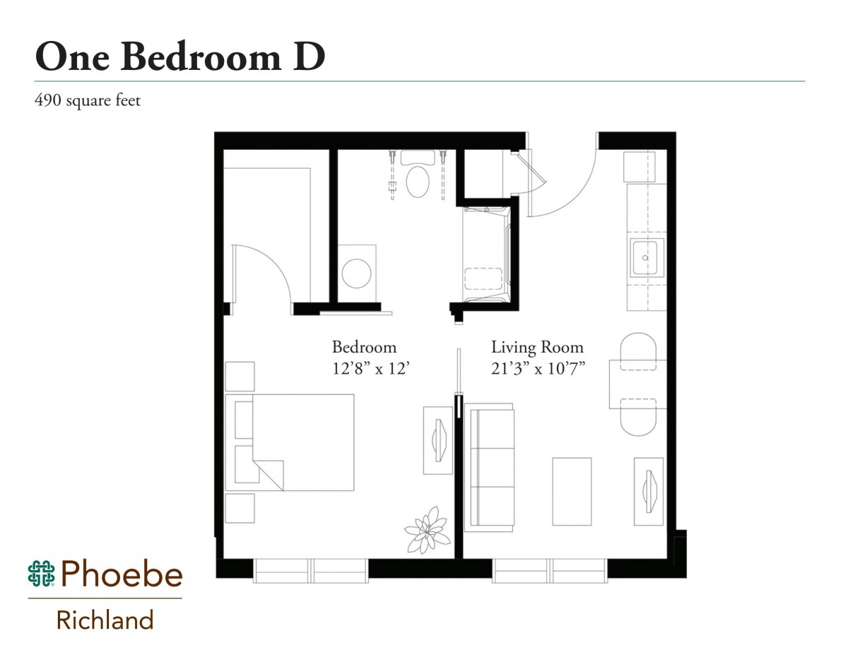 Floor plan of a one-bedroom apartment showcasing the layout of the bedroom, living room, and bathroom.