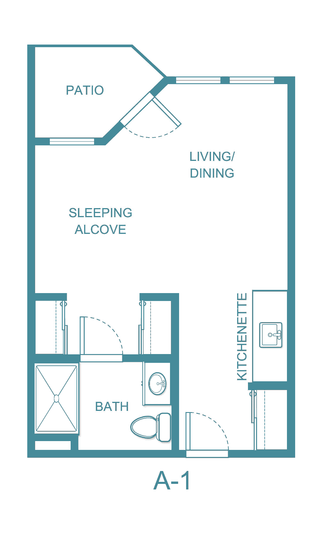 Studio apartment floor plan with sleeping alcove and kitchenette.