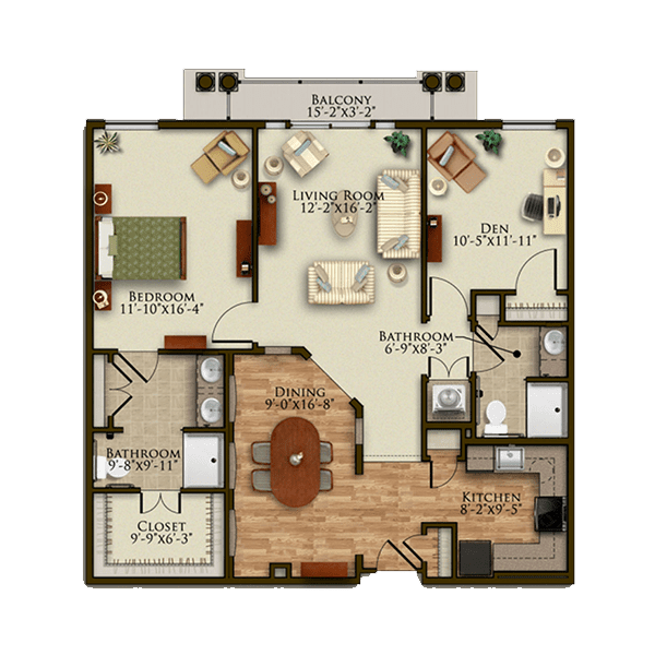 Floor plan of an apartment with two bedrooms, kitchen, living room, and balcony.