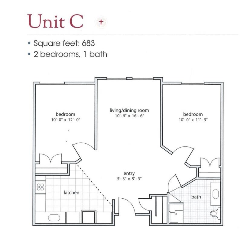 Floor plan of Unit C: 2 bedrooms, 1 bath, total area of 468 square feet.