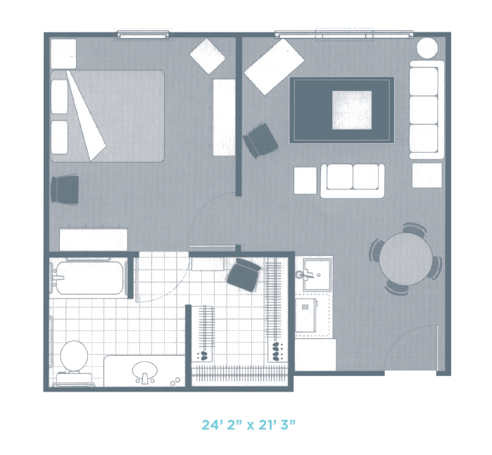 A minimalist one-bedroom apartment floor plan featuring a living area, kitchen, bathroom, and bedroom.