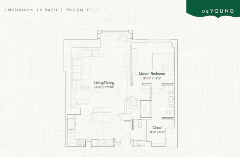 A floor plan illustrating the layout of an apartment, featuring a living/dining area, master bedroom, and closet.