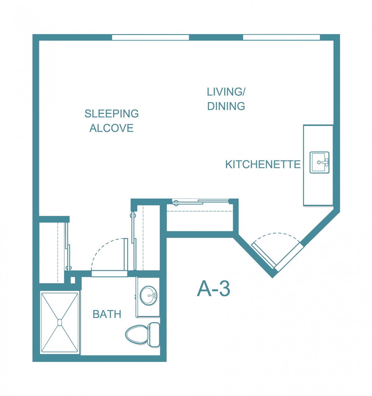 A floor plan of a studio apartment featuring a sleeping alcove, living and dining area, kitchenette, and bath.