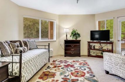 A cozy living room with a patterned rug, sofa, and television.