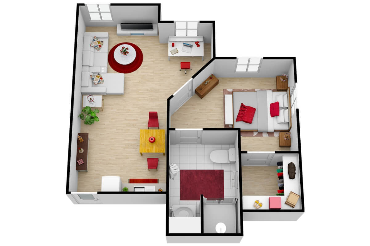 A 3D rendered floor plan of a one-bedroom apartment with a living room, kitchen, bathroom, and bedroom.