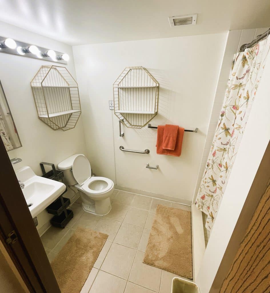 A well-organized bathroom featuring a toilet, shelving units, towel rack, and decorative shower curtain.