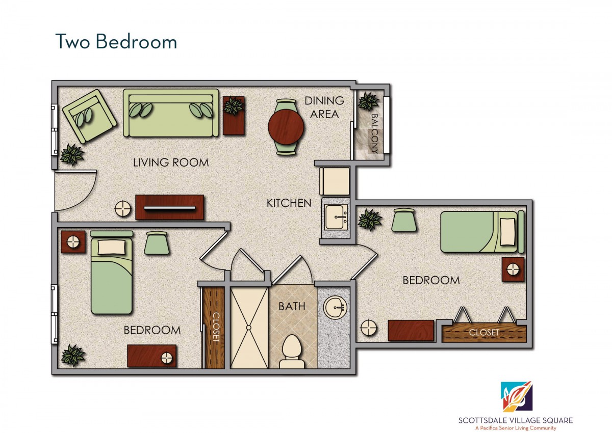 A two-bedroom apartment floor plan with a living room, kitchen, dining area, and bathroom.