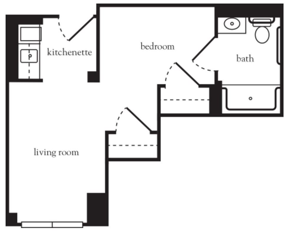 A floor plan of an apartment featuring a living room, kitchenette, bedroom, and bathroom.