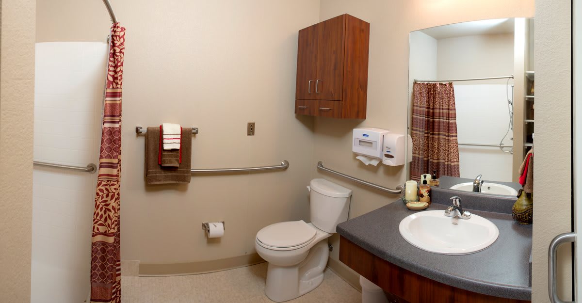 A well-organized bathroom with a toilet, sink, mirror, and handrails.
