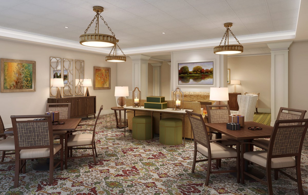 A traditional dining room with wooden furniture, chandeliers, and a patterned carpet.