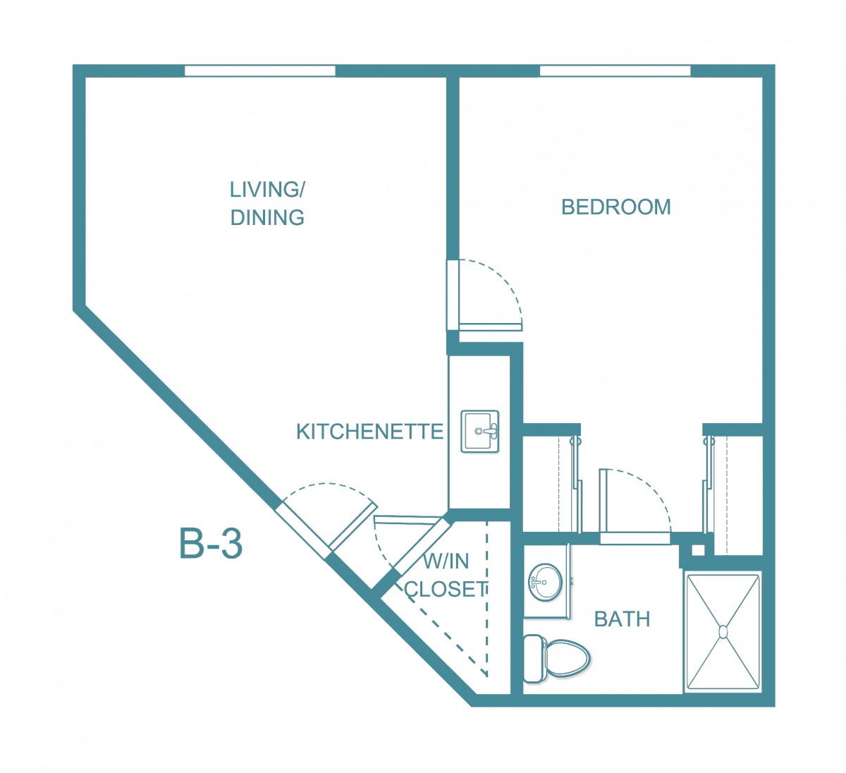 Blueprint of a one-bedroom apartment with a kitchenette, living/dining area, and bathroom.