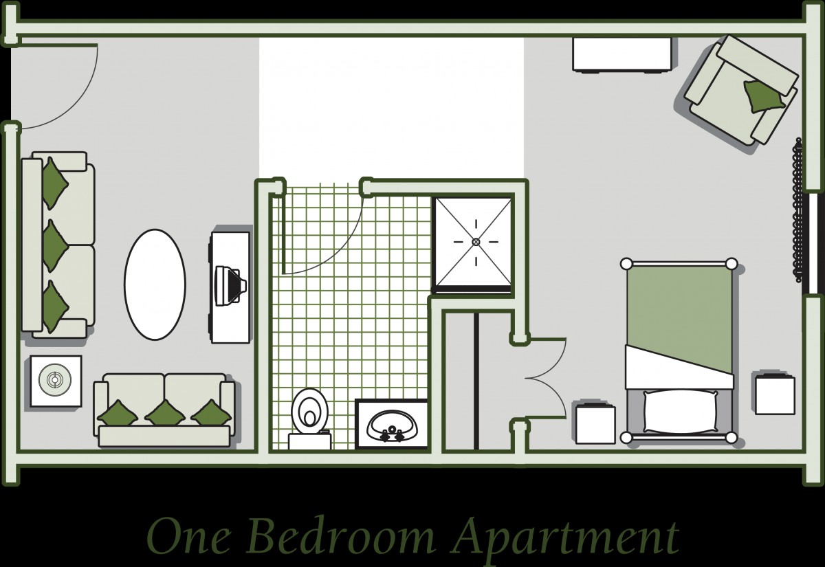 Floor plan of a one-bedroom apartment.