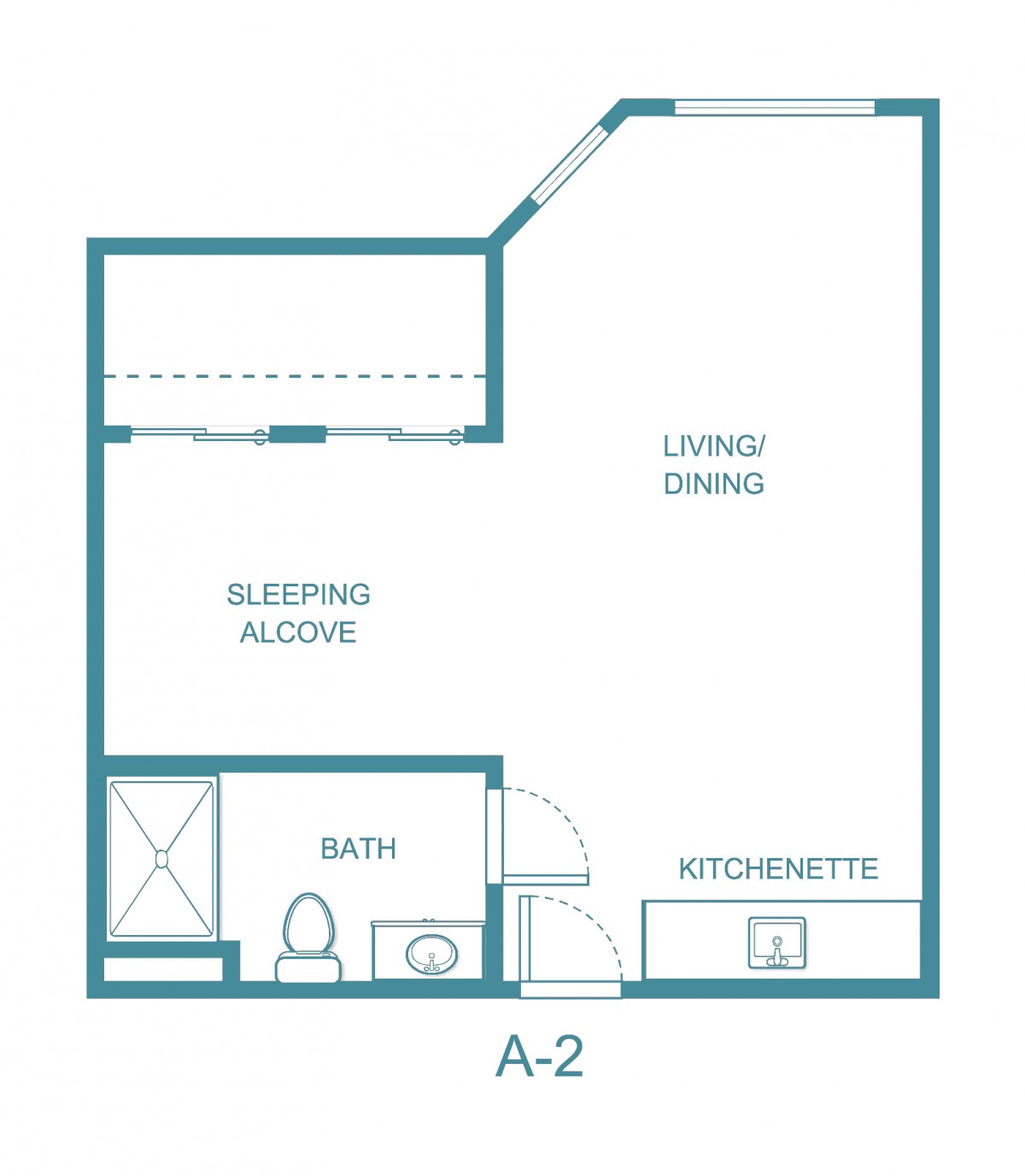 A studio apartment floor plan featuring a living/dining area, sleeping alcove, kitchenette, and bathroom.