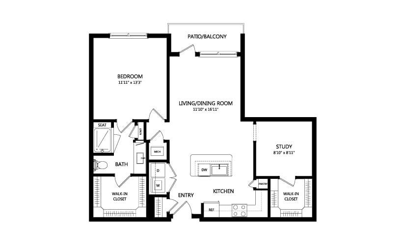 A floor plan of an apartment showing the arrangement of rooms including a bedroom, bathroom, living/dining area, kitchen, study, and patio/balcony.