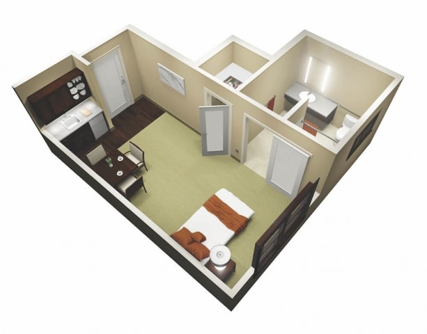 A 3D rendered floor plan of a one-bedroom apartment.