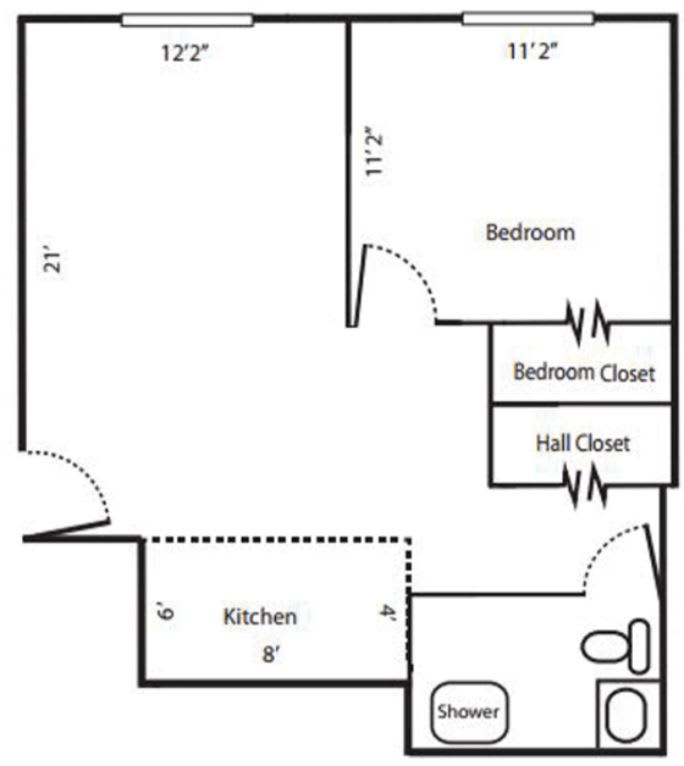 Floor plan of a one-bedroom apartment with kitchen and bathroom.