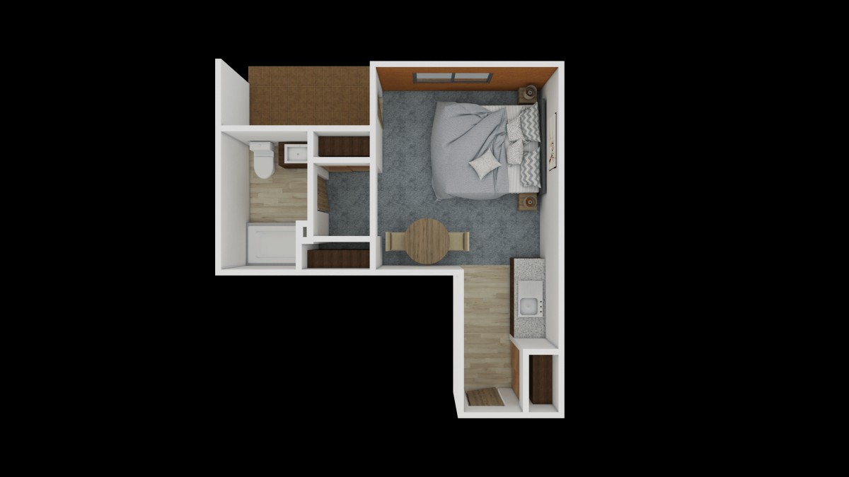 A compact apartment floor plan featuring a bedroom, bathroom, and small living area.
