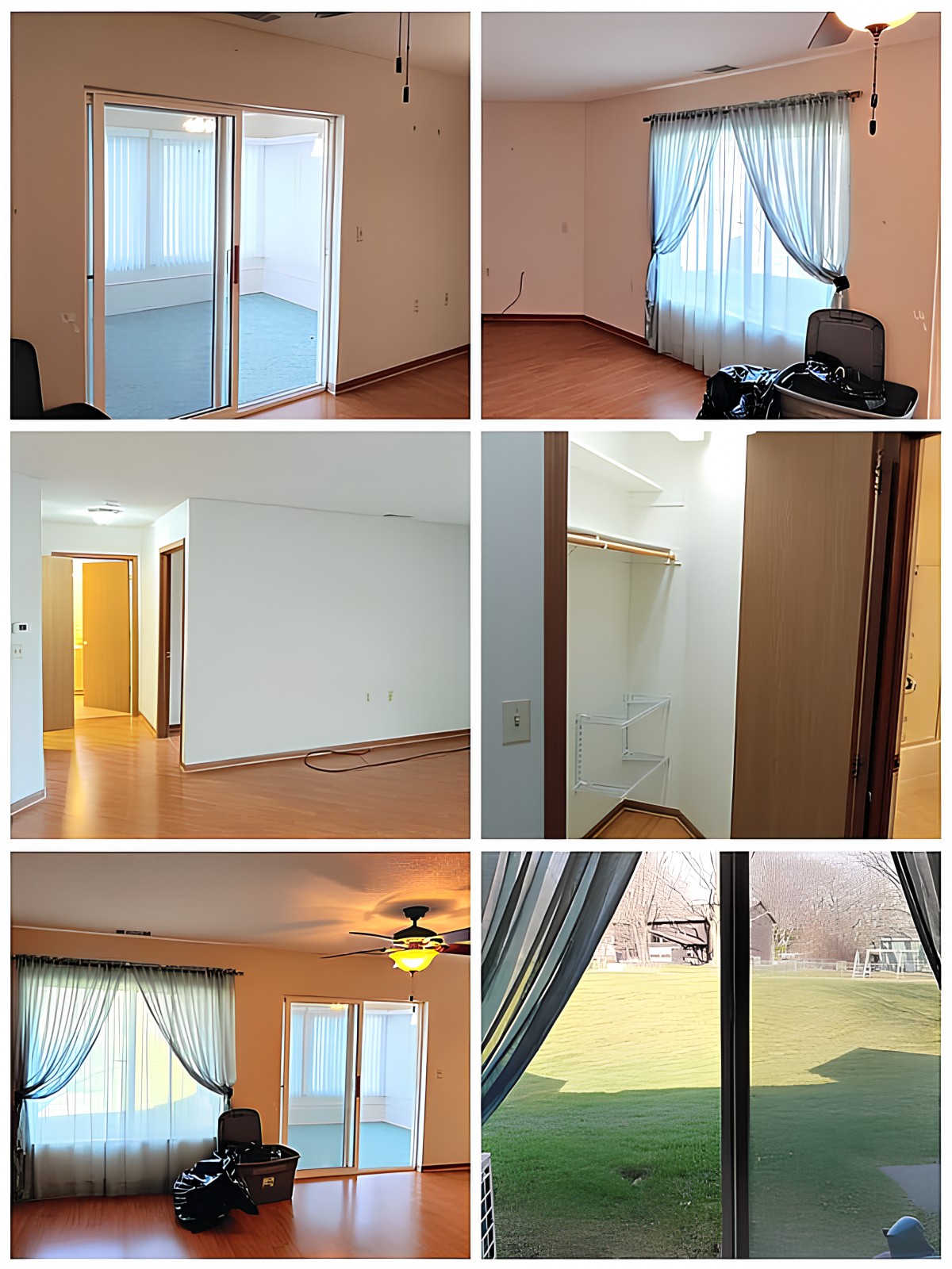 Collage of various interior rooms and views in a home.