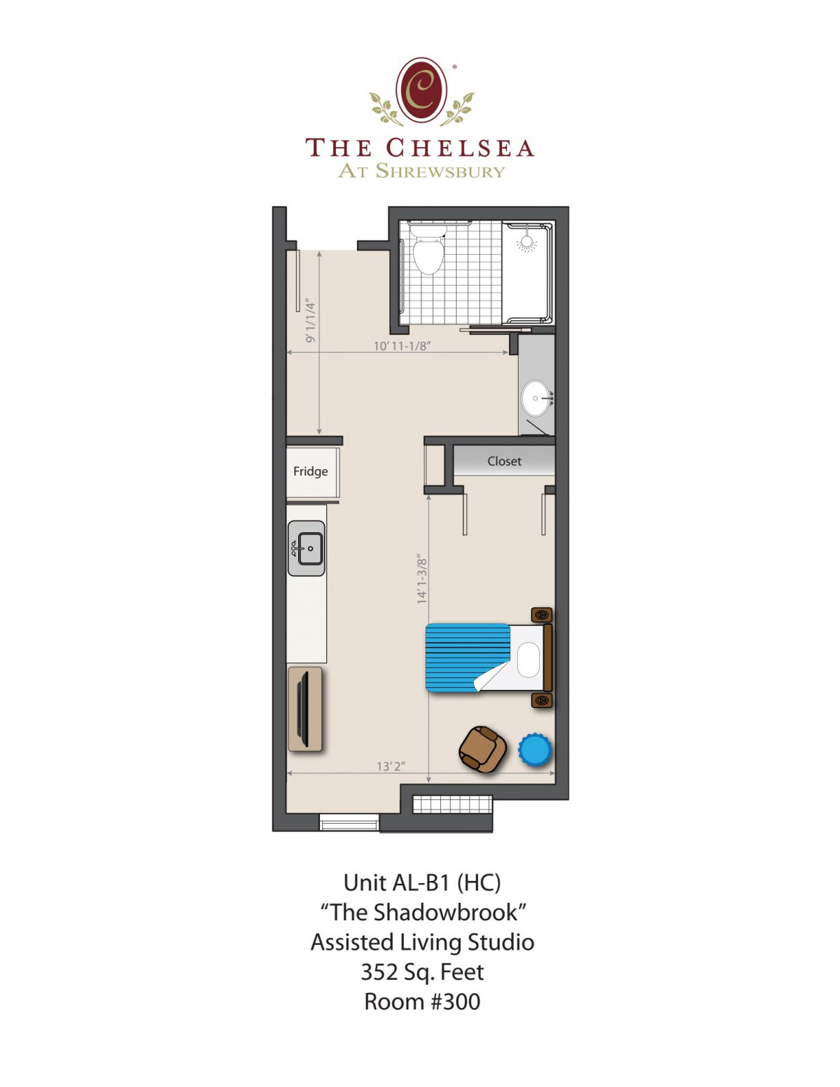 Floor plan of an assisted living studio apartment at The Chelsea.