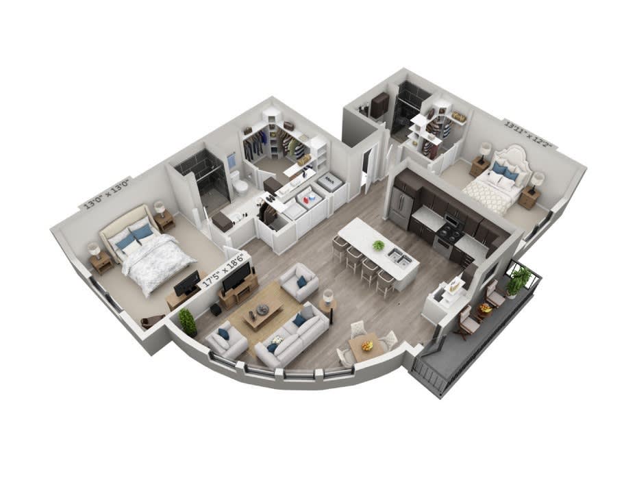 A modern two-bedroom apartment floor plan with an open concept living area and a balcony.