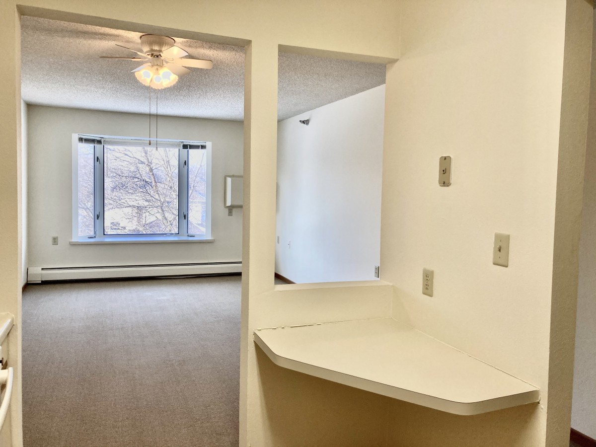 A spacious apartment interior featuring a ceiling fan and large window with a view.