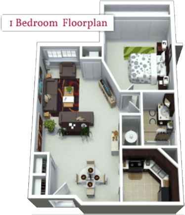 3D floor plan of a one-bedroom apartment with living room, kitchen, and bathroom.