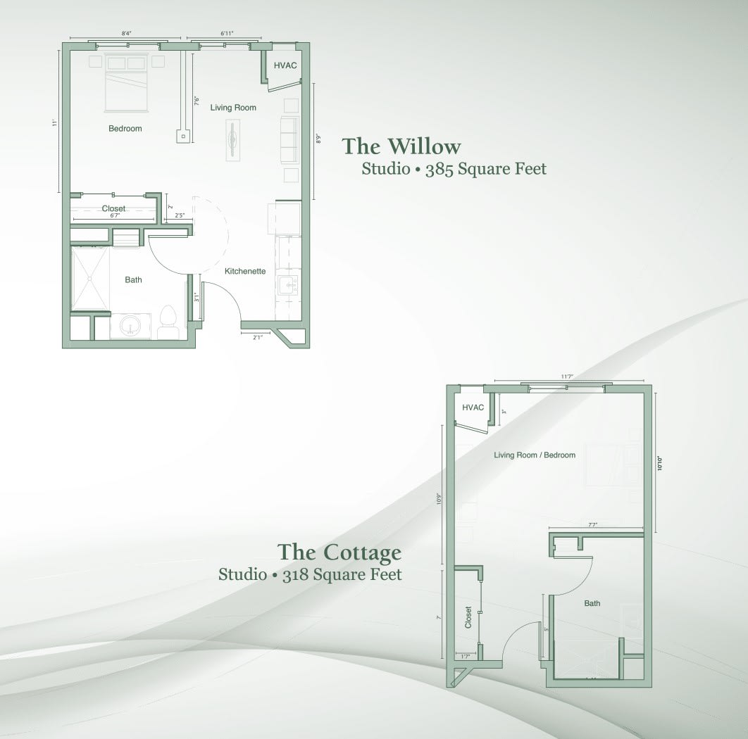 Two residential floor plans labeled 'The Willow' and 'The Cottage' with their respective sizes.