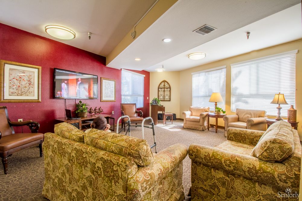 A cozy living room with comfortable sofas and ample natural light.