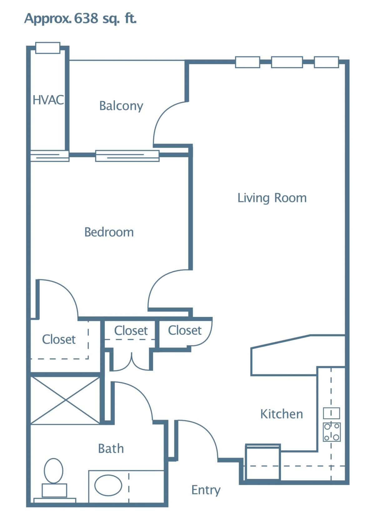 One-bedroom apartment floor plan with living room, kitchen, bathroom, and balcony.