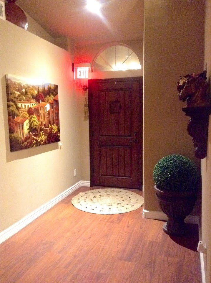 A warmly lit hallway with a decorative entrance door, artwork on the wall, and a potted plant.
