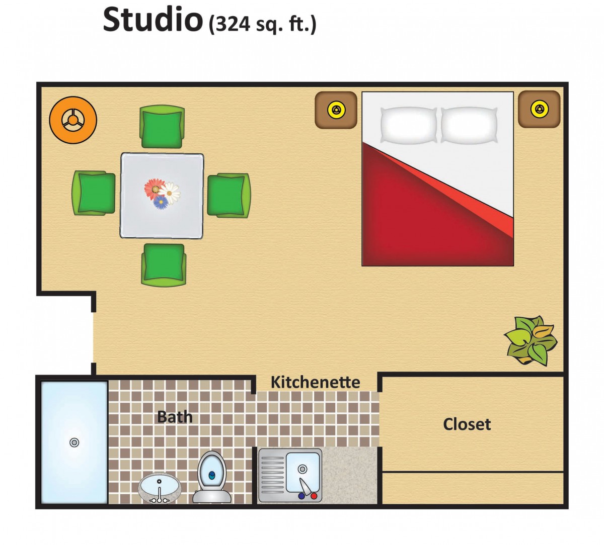 A floor plan of a studio apartment measuring 324 square feet, featuring a living area with furniture, a kitchen, a closet, and a bathroom.