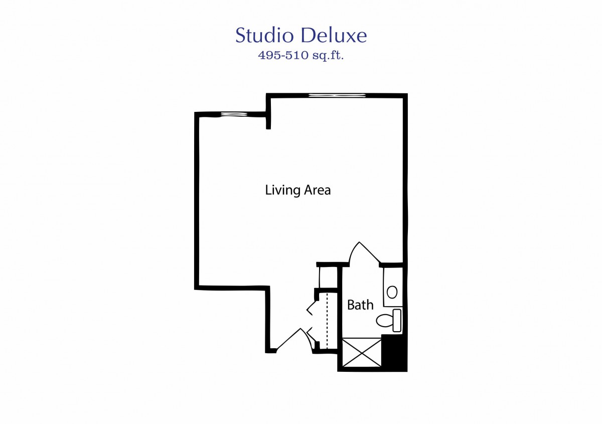 Floor plan of a Studio Deluxe apartment showing living area and bath.