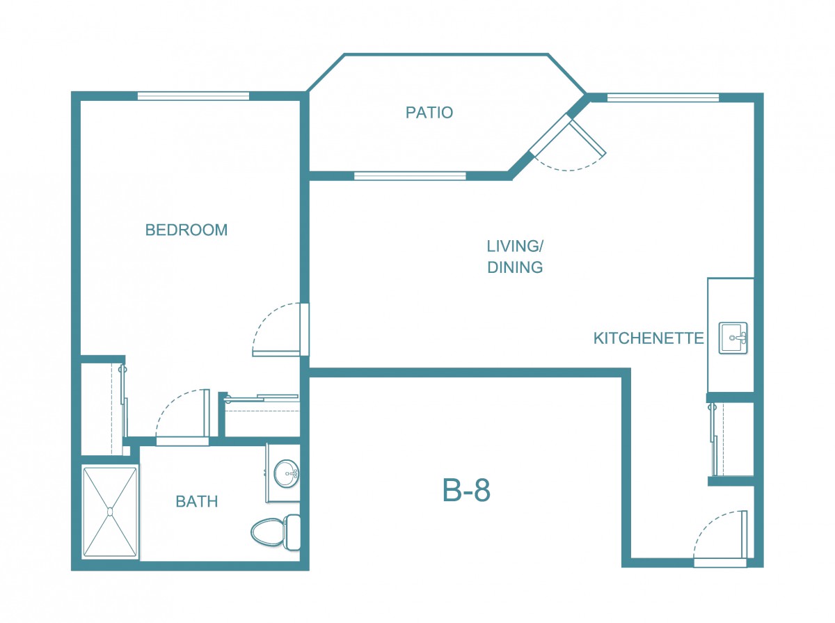 One-bedroom apartment floor plan with a living/dining area, kitchenette, bathroom, and patio.