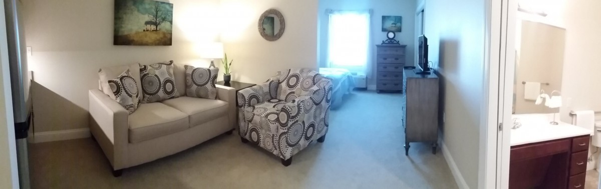 A cozy living room with a patterned armchair and neutral-toned sofa, complemented by a mirror and lamp for added decor.