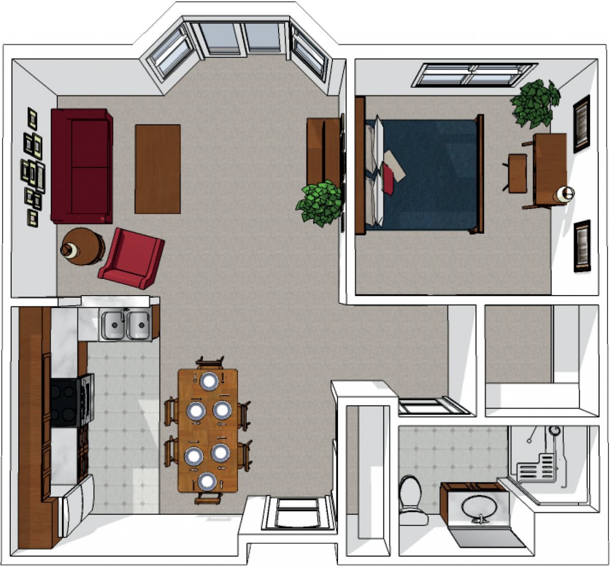 A floor plan of a one-bedroom apartment featuring a living room, kitchen, bedroom, and bathroom.