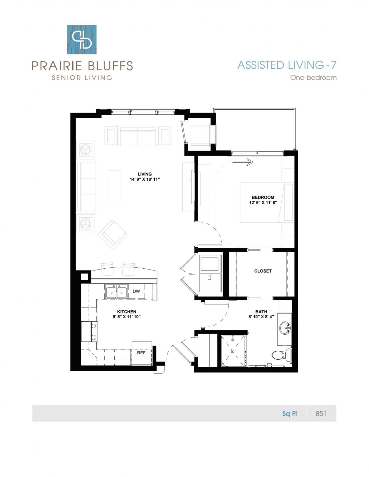 Floor plan of a Prairie Bluffs Assisted Living apartment unit.