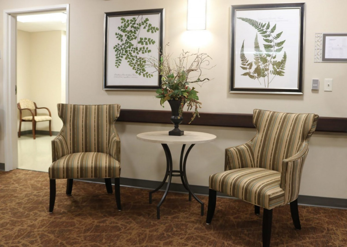 A cozy waiting area with two striped chairs, a small round table adorned with a plant, and framed botanical artwork on the wall.