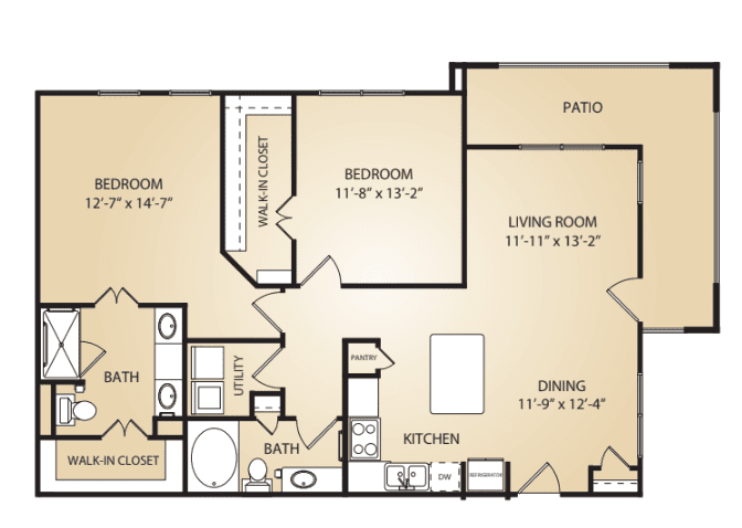 A detailed floor plan of a two-bedroom apartment with labeled rooms and dimensions.